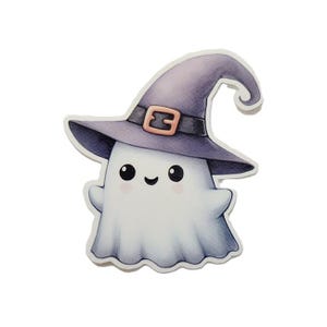Cute Ghost In Witch Hat Sticker - Glossy Water Resistant Vinyl - Cute Halloween Sticker - Kawaii Sticker
