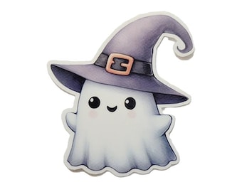Cute Ghost In Witch Hat Sticker - Glossy Water Resistant Vinyl - Cute Halloween Sticker - Kawaii Sticker