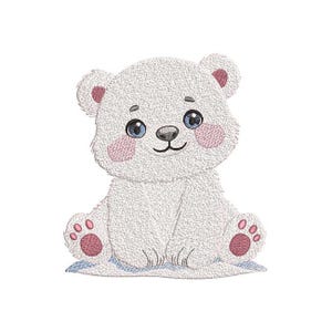 May include: A white polar bear with pink cheeks and blue eyes sits on a blue and white ice floe. The bear has a cute, cartoon-like appearance.