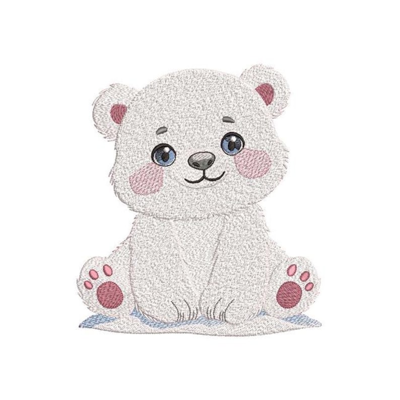 May include: A white polar bear with pink cheeks and blue eyes sits on a blue and white ice floe. The bear has a cute, cartoon-like appearance.