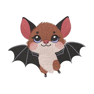 May include: A cartoon brown bat with big blue eyes and pink ears. The bat has black wings and is flying.