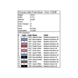 May include: A chart showing the color sequence and thread information for a Little Polar Bear embroidery design. The design uses 7 colors and requires 13 color changes. The design is 3.52 inches tall and 3.17 inches wide. The design uses Madeira PolyNeon and Madeira Classic threads.