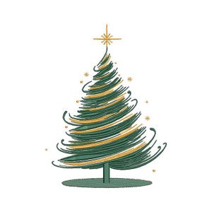 May include: A stylized green Christmas tree with gold swirls and a gold star on top. The tree is on a green base.
