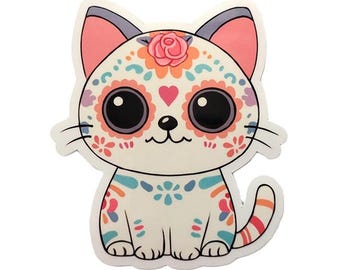 Day Of The Dead Kitty Sticker - Glossy Waterproof Vinyl - Halloween Vinyl Sticker - Dia de los Muertos Decal - Kawaii Cat
