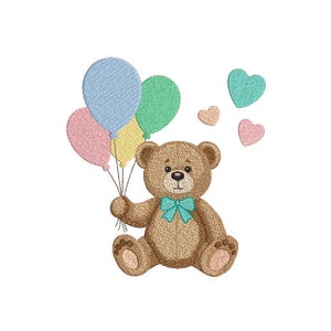 Può includere: Un orsacchiotto marrone che tiene un mazzo di palloncini colorati. I palloncini sono rosa, blu, verdi e gialli. Ci sono anche tre cuori rosa sullo sfondo.