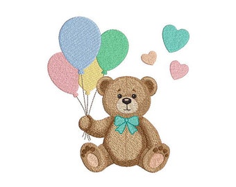 Birthday Party Bear Machine Embroidery Design Pattern - 5 Sizes - Balloons Machine Embroidery Design - Teddy Bear with Balloons Embroidery
