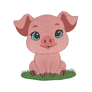 May include: A pink pig with big blue eyes and a pink snout is sitting on a patch of green grass. The pig has a happy expression and is looking directly at the viewer.