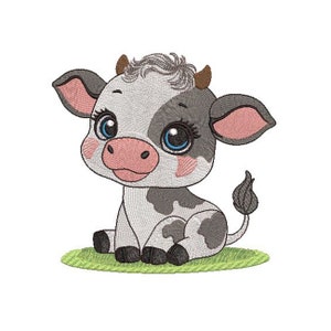 May include: A cartoon illustration of a cute, gray and white cow with big blue eyes, sitting on a patch of green grass.