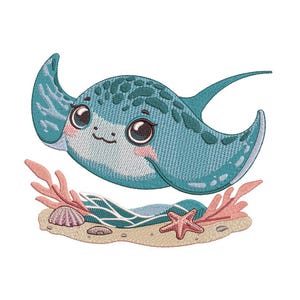 May include: An embroidered design of a cartoon stingray in shades of blue, with large, expressive eyes and a smiling face. The stingray is above a sandy seabed with coral, a seashell, and a starfish.