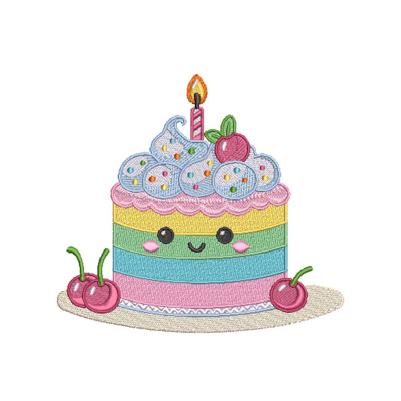 May include: A colorful layered cake with a smiling face, topped with blue frosting, sprinkles, a red cherry, and a lit pink and white candle.