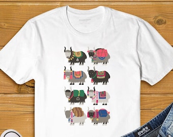 Camiseta Yak Nepal: Camiseta com estampa do acampamento base do Everest, camiseta com ilustração de vaca e búfalo do Himalaia tibetano