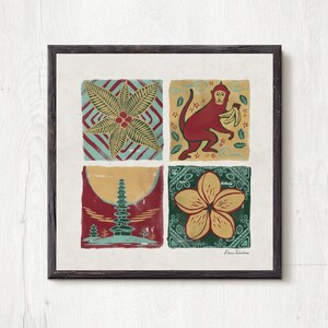 May include: A framed print with a collage of four colorful illustrations. The top left image is a green and blue floral design. The top right image is a red monkey holding a yellow banana. The bottom left image is a red and green pagoda. The bottom right image is a yellow flower with green and yellow leaves.