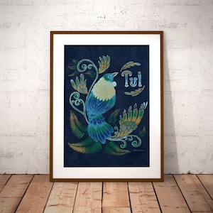 Impresión artística de pájaro tui, póster con ilustración de kiwi, ave nativa maorí de Nueva Zelanda, impresión botánica de fauna de Nueva Zelanda, arte mural de pájaro azul tropical de Oceanía