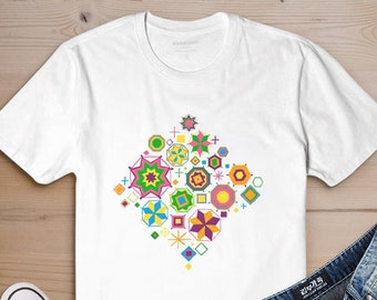Artisan Charm Art T-shirt, Thailand Folk Craft Gift Shirt, Hmong Tribe Asia Folkrore Illustration Tee, Geometric Colorful Art Shirt
