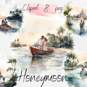 Watercolor Honeymoon Clipart PNG Bundle - Scrapbooking, Junk Journal, Paper Crafts. Pobierz produkty cyfrowe PNG. Bezpłatne wykorzystanie komercyjne. AI