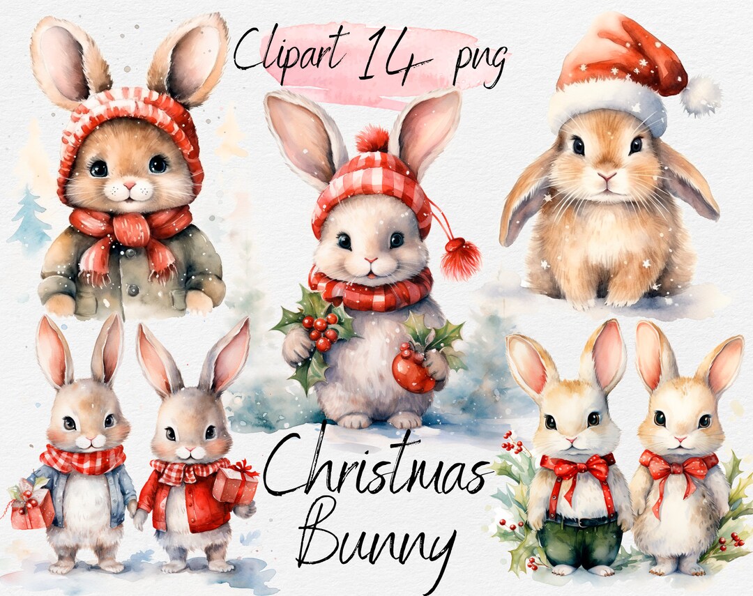 Christmas Bunny Watercolor Clipart Bundle: PNG Digital Download - Etsy
