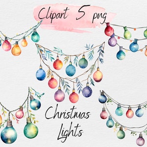 Watercolor Christmas Lights Clipart Bundle: PNG Digital Download