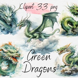 Watercolor Green Dragons Clipart Bundle: Fantasy Storybook PNG (Digital Download)