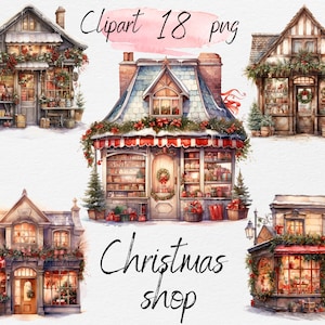 Watercolor Christmas Shop Clipart: Storefront PNG Bundle (Digital Download)