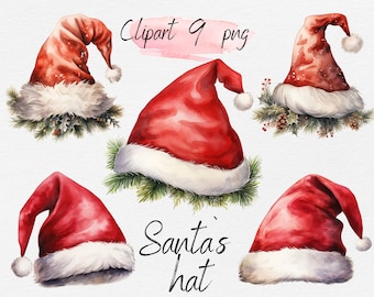 Lot de cliparts aquarelle de bonnet de Noel - scrapbooking, journal indésirable, travaux manuels en papier. Téléchargement numérique PNG. Utilisation commerciale gratuite