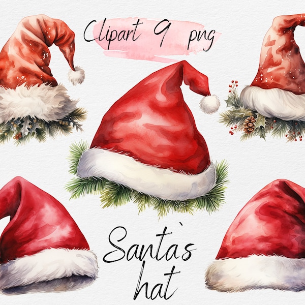 Christmas Santa Hat Watercolor Clipart Bundle - Scrapbooking, Junk Journal, Paper Crafts. Digital Download PNG. Free Commercial Use