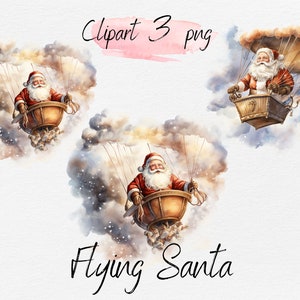 Watercolor Flying Santa Clipart Bundle: Christmas PNG Graphics (Digital Download)