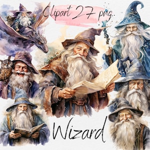Watercolor Wizard Clipart PNG Bundle: Fantasy Scrapbooking Designs (Digital Download)