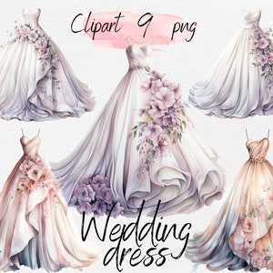 Watercolor Wedding Dress Clipart PNG Bundle: Scrapbooking & Paper Crafts (Digital Download)