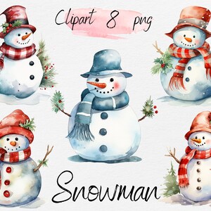 Christmas Snowman Watercolor Clipart Bundle: PNG Digital Download