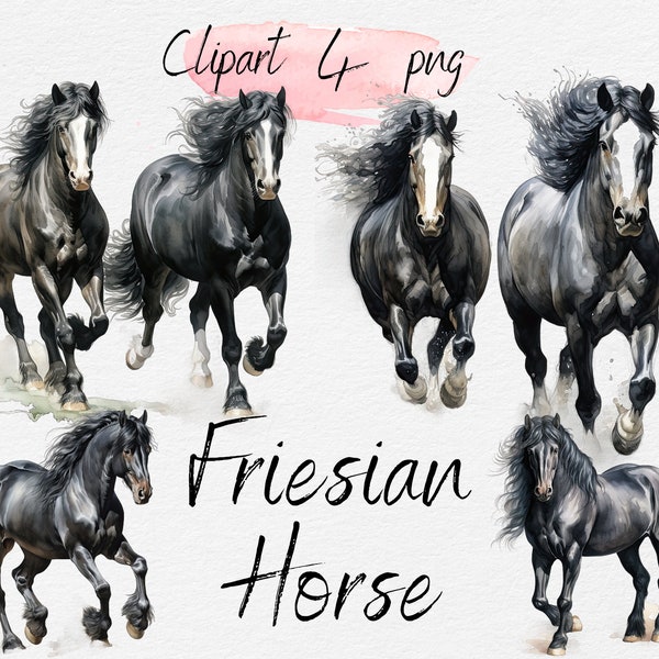 Bundle de cliparts aquarelle cheval frison PNG pour impression à la demande, autocollants numériques, motifs par sublimation et produits numériques