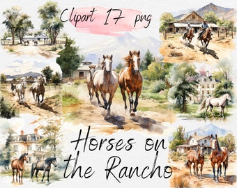Watercolor Horses Clipart Bundle: Rancho PNG Designs (Digital Download)