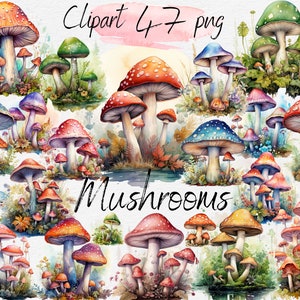 Bundle de champignons aquarelle Clipart PNG - scrapbooking, journal indésirable, créations en papier, téléchargement numérique, champignon vénéneux, nature, forêt, sublimation
