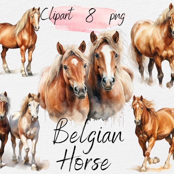 Belgian Horse Clip Art PNG Watercolor Clipart Bundle for Print on Demand, Digital Stickers, Sublimation Designs, Digital Products. Printable