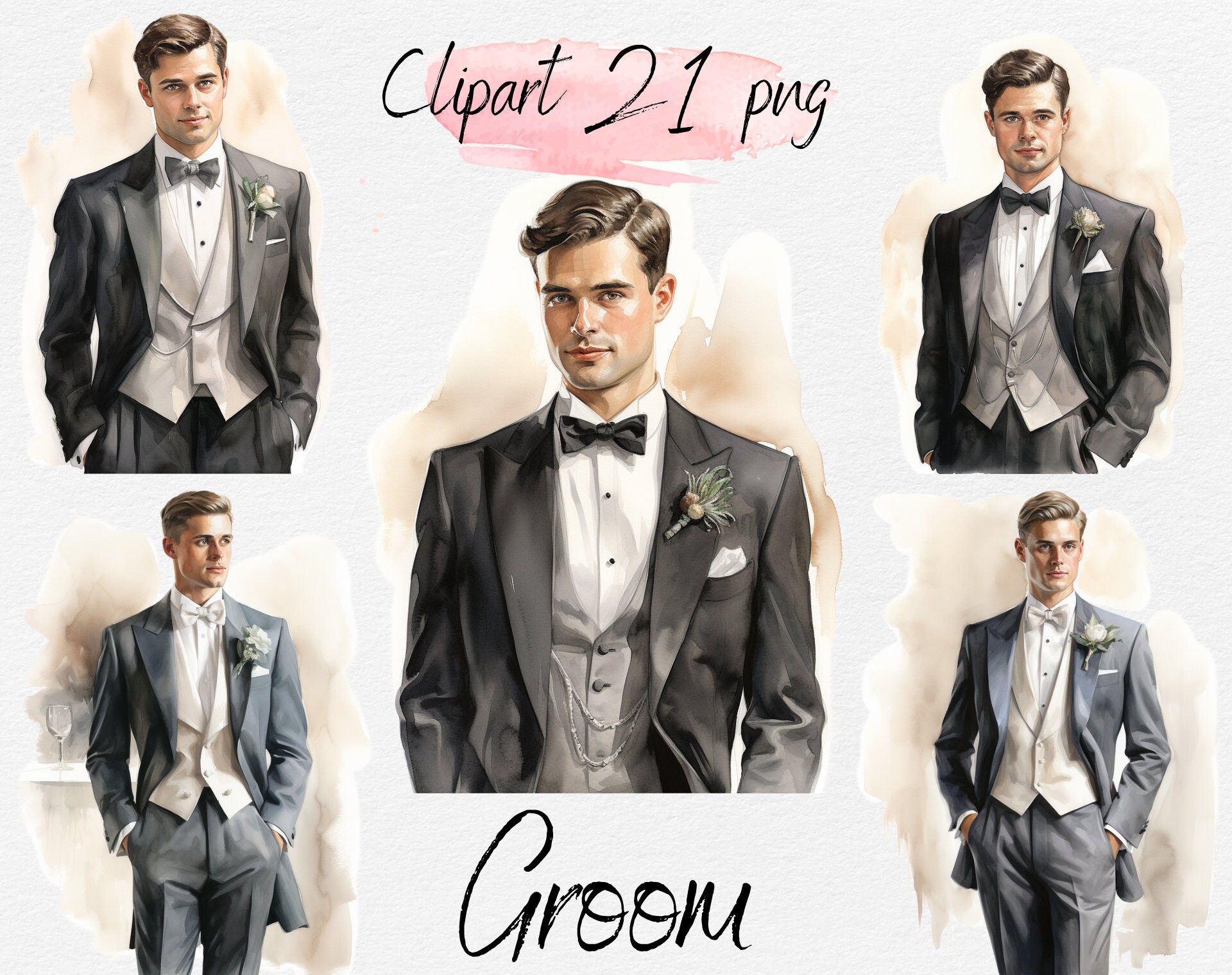 Watercolor Groom Clipart PNG Bundle - Scrapbooking, Junk Journal, Paper ...