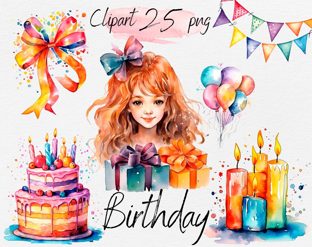 Watercolor Birthday Clipart Bundle: Cake, Balloons, Presents (PNG ...
