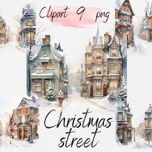 Watercolor Christmas Street Clipart Bundle: 9 PNGs, Commercial Use (Digital Download)