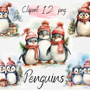 Paquete de imágenes prediseñadas de acuarela PNG de pingüinos navideños: arte navideño ingenioso, álbum de recortes, arte navideño imprimible, descarga digital, PNG de Navidad