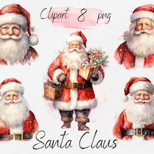 Christmas Santa Claus Watercolor Clipart Bundle - Scrapbooking, Junk Journal, Paper Crafts. Digital Download PNG. Free Commercial Use