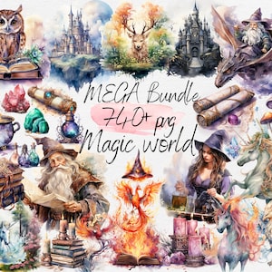 Magische Fantasiewelt Aquarell Clipart PNG Bundle - Scrapbooking, Junk Journal, Paper Crafts, Storybook. Digitaler Download PNG Collagenbilder