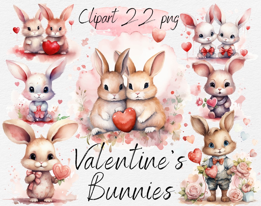 Valentine's Bunnies Watercolor Clipart: PNG SVG Bundle (digital ...