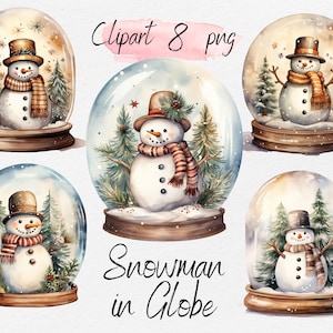 Watercolor Christmas Snowman Snow Globe Clipart Bundle (Digital Download PNG)
