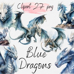 Watercolor Blue Dragons Clipart PNG Bundle (Digital Download)
