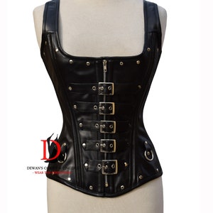 Heavy Duty Overbust Leather Corset Steampunk Black Goth Style Buckle Closure with Zip Black Leather Straps Corset Steel Boned Corset