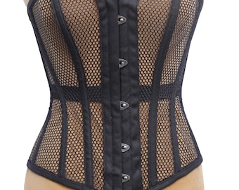 Steel Boned Mesh Corset Heavy Duty Waist Trainer Tight Lacing Black Overbust Corset