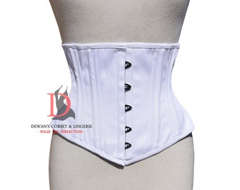 White Cotton Underbust Waspie Corset Double Steel Boned Corset Womens White Corset