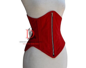 Red Velvet Zipper Corset Underbust Conical Waist Training Corset Double  Steel Boned Corset