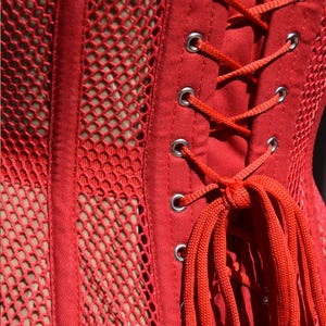 May include: Red corset with a mesh panel and a lace-up back. The corset is made of a soft, stretchy fabric and has a comfortable fit.