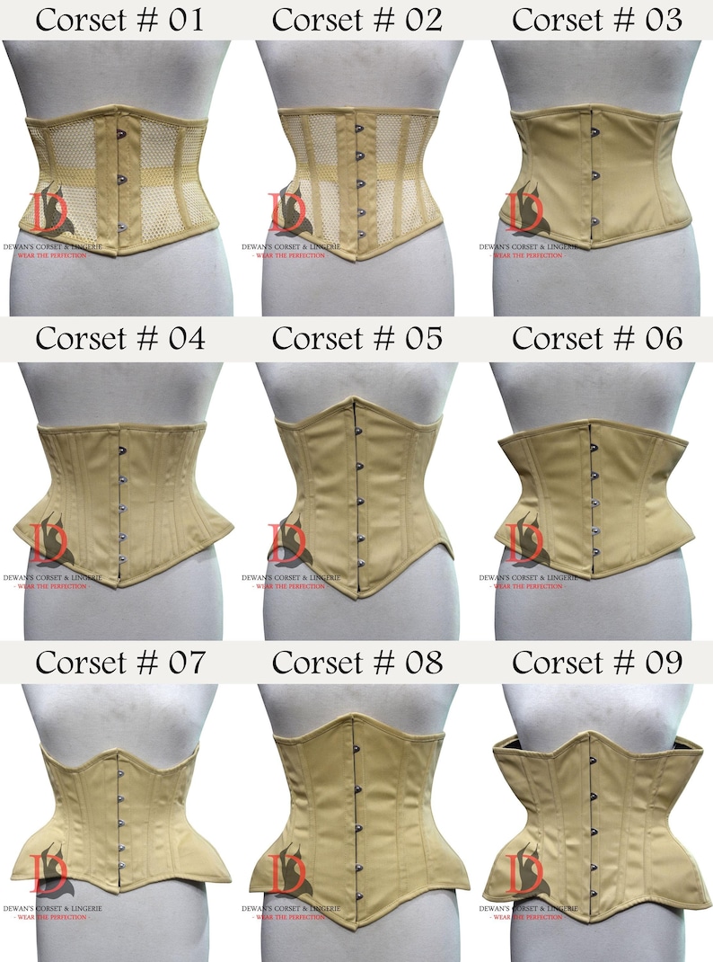 May include: Nine different styles of beige corsets with boning and a busk closure. Each corset has a different shape and style, with some having a more pointed waist and others having a more rounded waist.