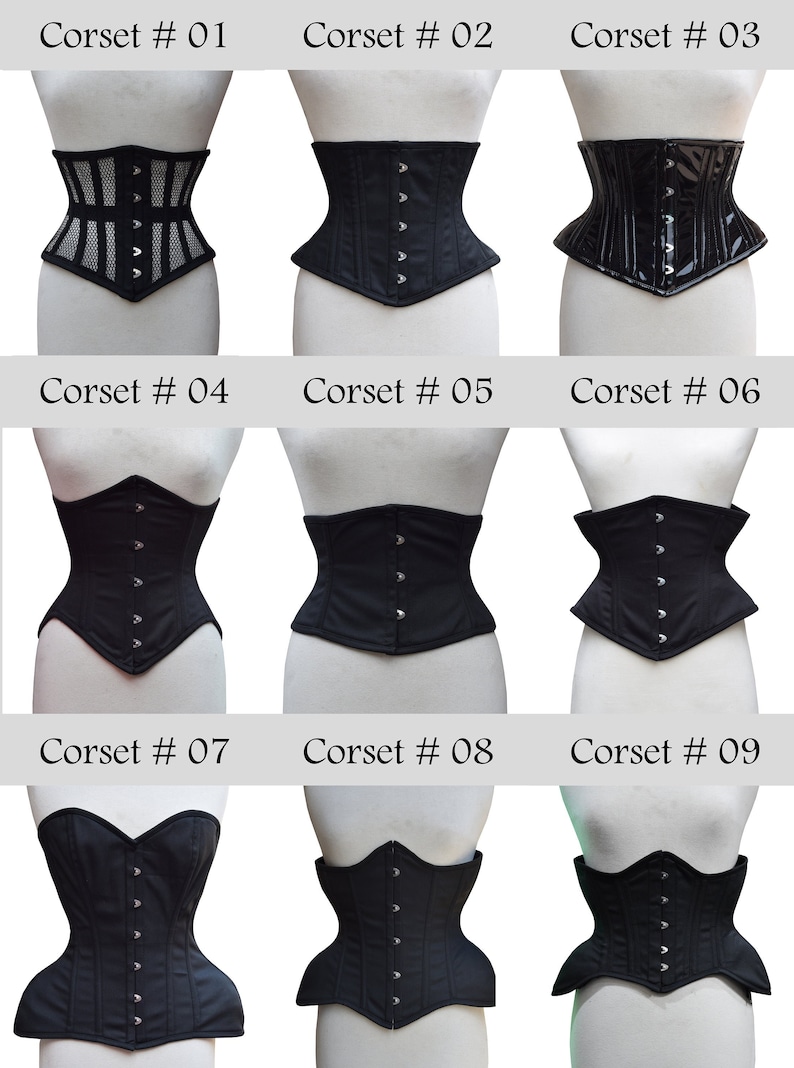 May include: Nine different styles of black corsets with various details, including mesh, satin, and a shiny finish. Each corset is labeled with a number from 01 to 09.