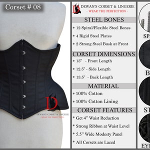May include: Black corset with steel bones, a 4 inch waist reduction, and a 5.5 inch wide modesty panel. The corset is made of 100% cotton and has a cotton lining. The corset is laced up the back.